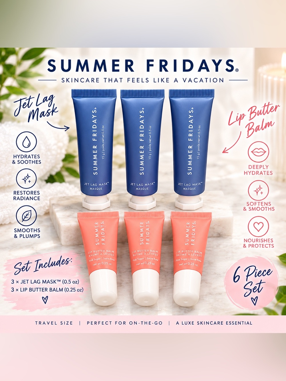 Summer Fridays Jet Lag Mask & Lip Butter Balm Travel Set 6 Pieces-Never Opened